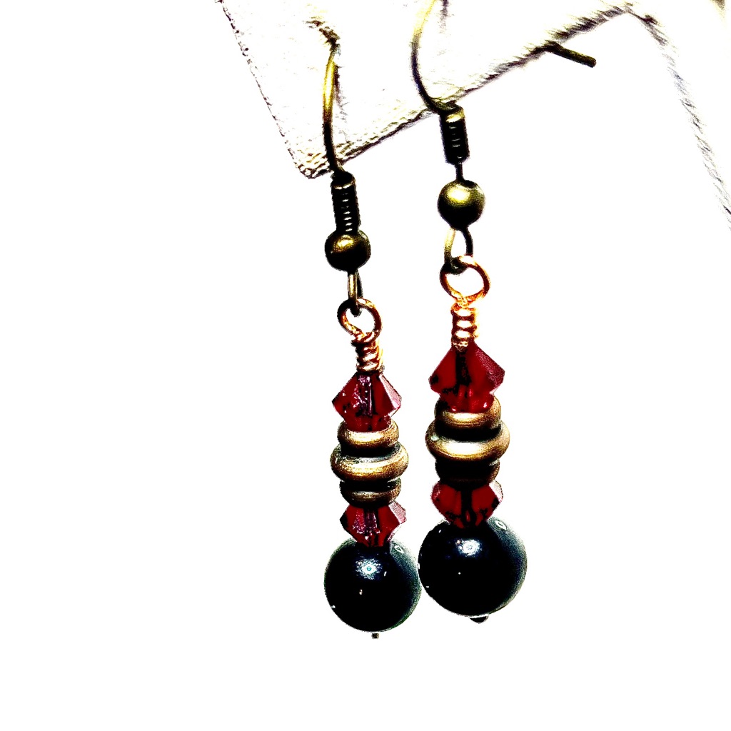 Simple Dangle Earrings Red Swarovski Crystal Beads Brass Elements.